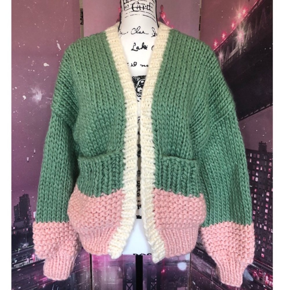 Cardigan sweater boho knit puff sleeve thick chic chunky green pink - Picture 12 of 14